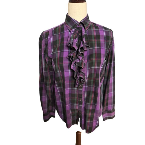 Lauren Ralph Lauren Purple Tartan Plaid Ruffle Button Front Blouse Size Medium - Picture 1 of 8
